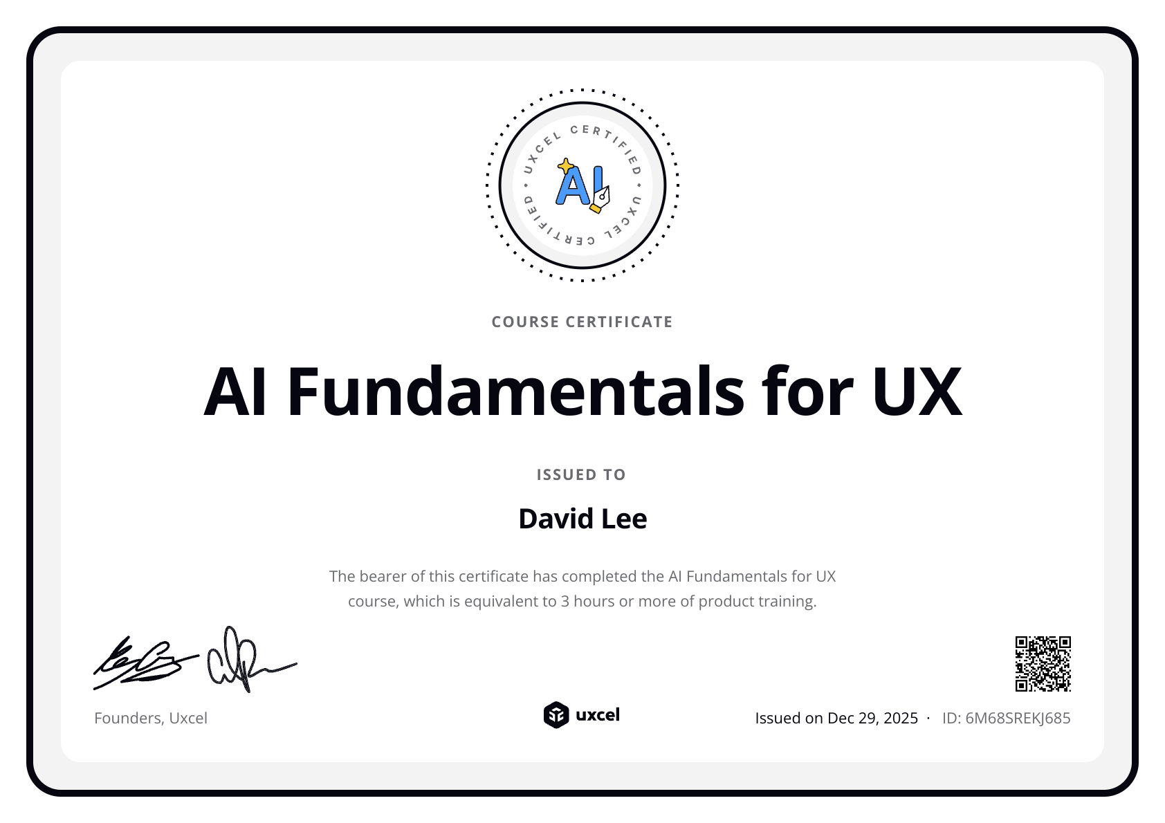 David Lee's certificate